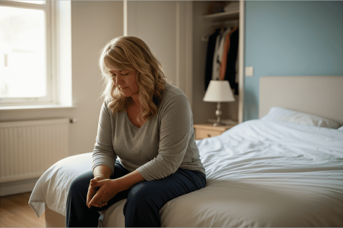Vermoeide vrouw zit op de rand van haar bed