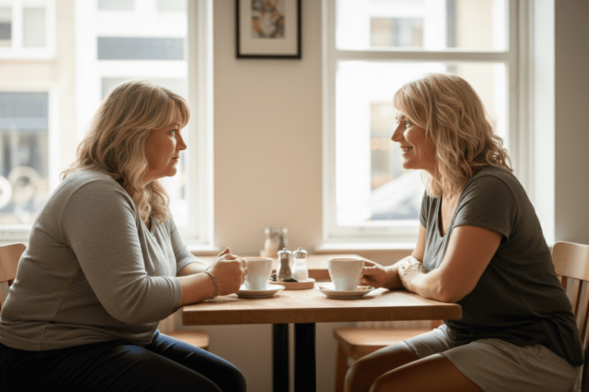 Twee vriendinnen in gesprek in een café